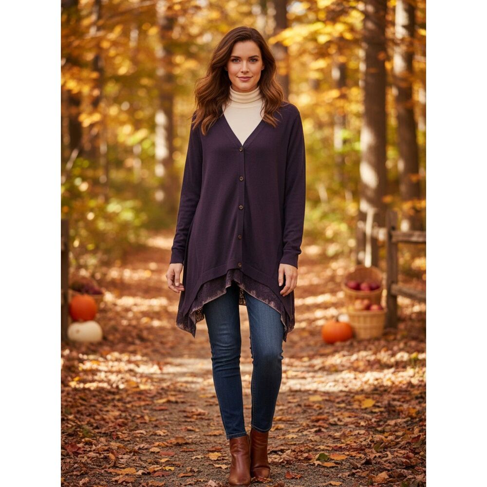 Logo by Lori Goldstein Brown Asymmetrical Button Front Sweater - Medium